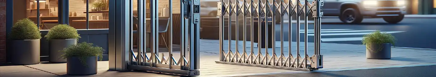 Protective folding gate mechanism designed for storefront safety